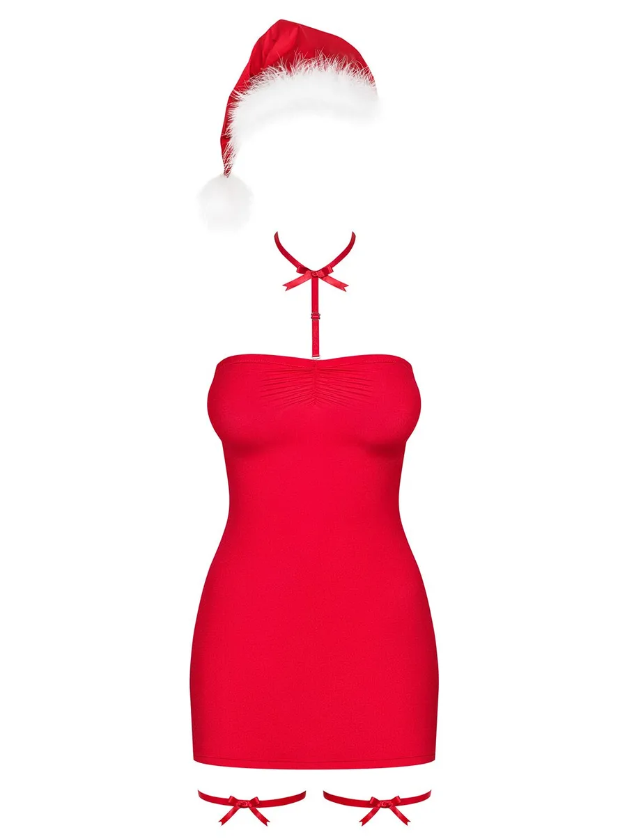 Сорочка Obsessive Kissmas chemise 2XL/3XL, красная, чокер, гартеры и шапочка с помпоном в комплекте