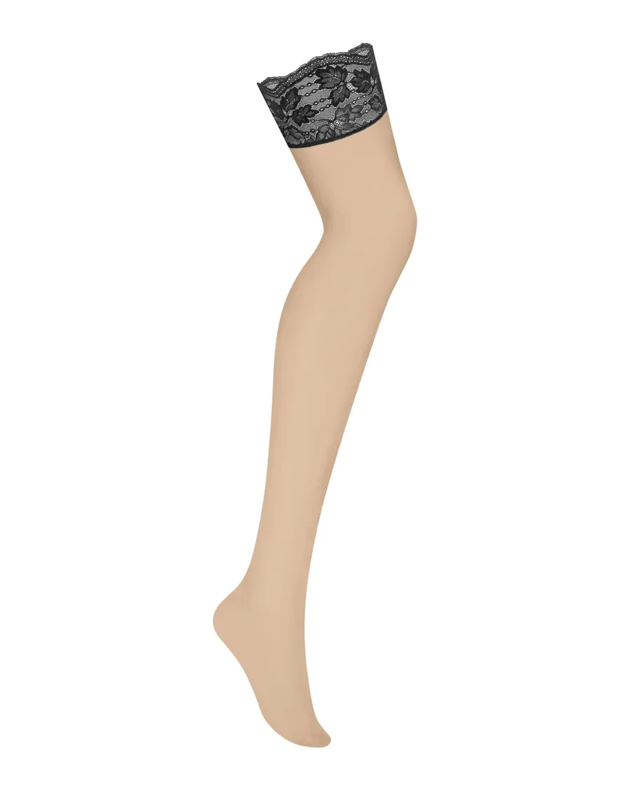 Чулки Obsessive Nutris stockings, XL/2XL, телесные, с черным кружевом, под пояс