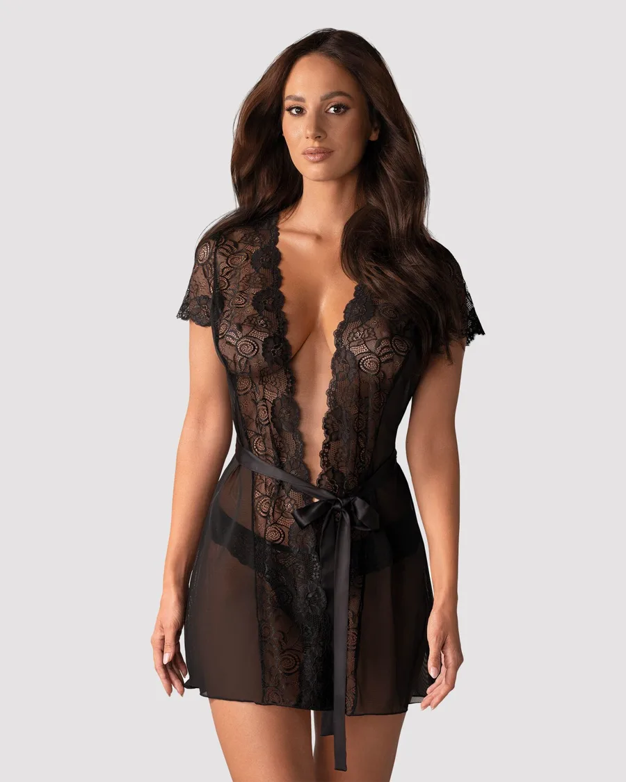 Пеньюар Obsessive Alluria peignoir & thong, S/M, прозорий, з мереживом, пояс, трусики в комплекті