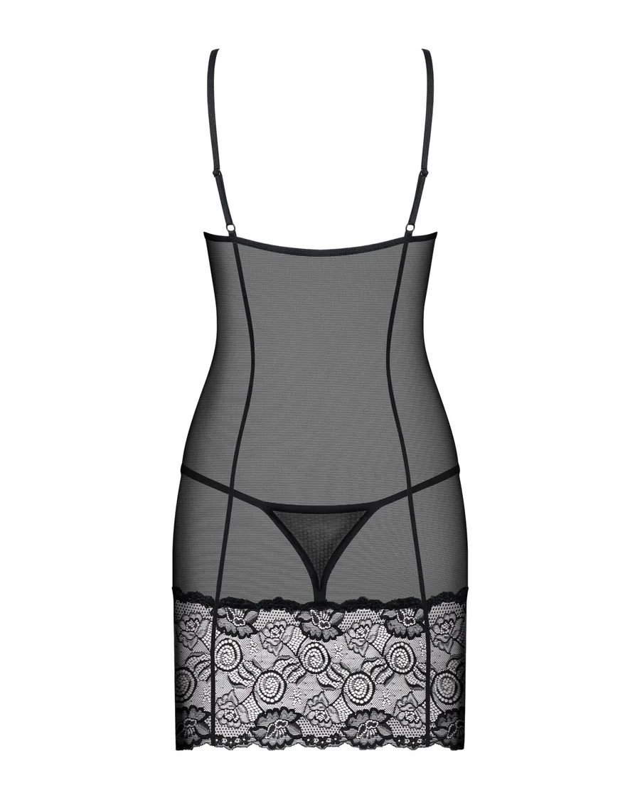 Сорочка Obsessive Alluria chemise & thong, L/XL, чорна, мереживо+мікросітка, стрінги в комплекті