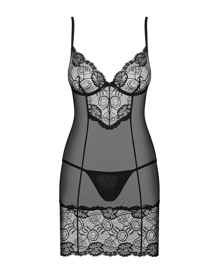 Сорочка Obsessive Alluria chemise & thong, L/XL, чорна, мереживо+мікросітка, стрінги в комплекті