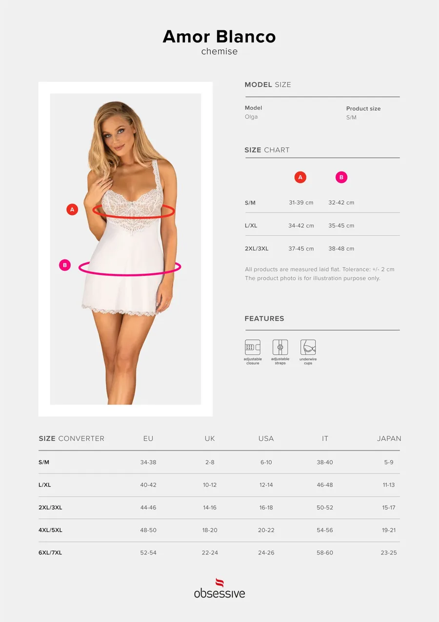 Сорочка Obsessive Amor Blanco underwire chemise & thong, S/M, белая, кружевной лиф, стринги в наборе