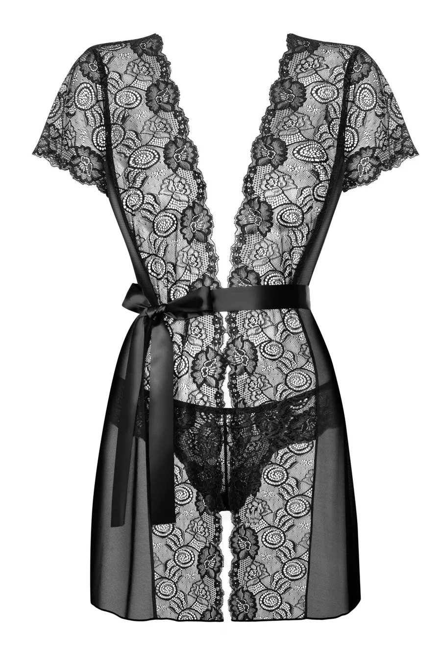 Пеньюар Obsessive Alluria peignoir & thong, L/XL, прозорий, з мереживом, пояс, трусики в комплекті