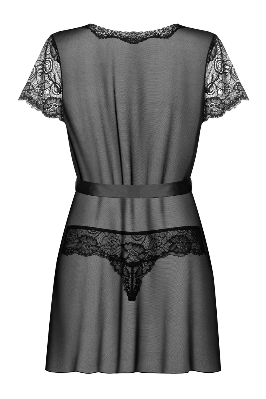 Пеньюар Obsessive Alluria peignoir & thong, L/XL, прозорий, з мереживом, пояс, трусики в комплекті