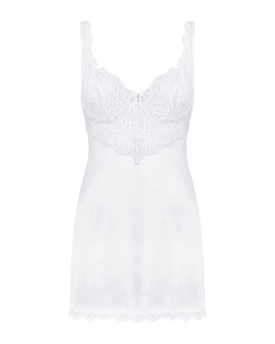 Сорочка Obsessive Amor Blanco underwire chemise & thong, L/XL, белая, кружевной лиф, стринги в наборе