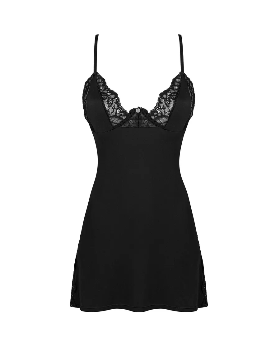 Сорочка Obsessive Bellastia chemise & thong, XL/2XL, непрозора, фігурне декольте, стрінги в наборі