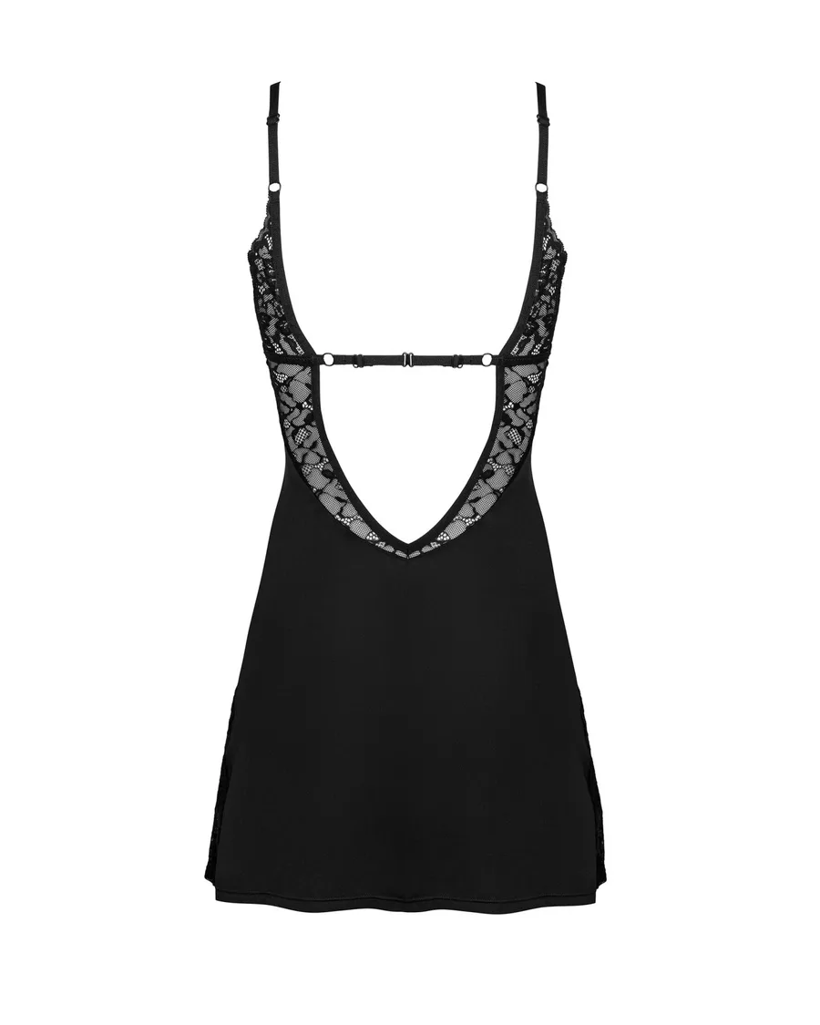 Сорочка Obsessive Bellastia chemise & thong, XL/2XL, непрозора, фігурне декольте, стрінги в наборі