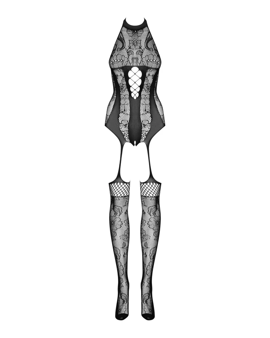 Бодістокінг Obsessive Bodystocking F240, XL/XXL, чорний, мереживний малюнок, імітація боді з панчохами