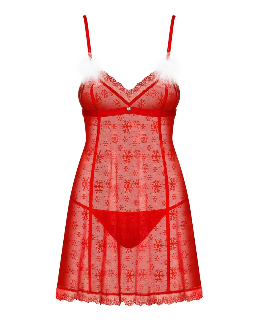 Сорочка Obsessive Claussica, M/L, красная, прозрачная с узором, стринги в комплекте