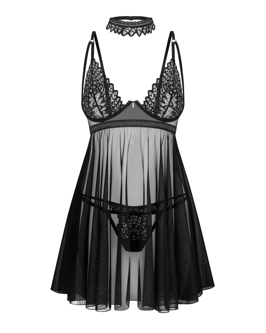Бэби-долл Obsessive Donarella babydoll & thong, XS/S, кружевной лиф, чокер и стринги в комплекте