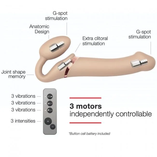 Безремінний страпон з вібрацією Strap-On-Me Vibrating Flesh L, діаметр 4,2 см, пульт ДК, регульований