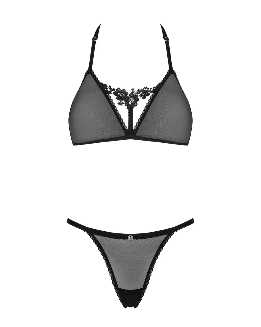 Полупрозрачный комплект Obsessive Celia Noir 2-pcs set XL/2XL, бюстгальтер, стринги