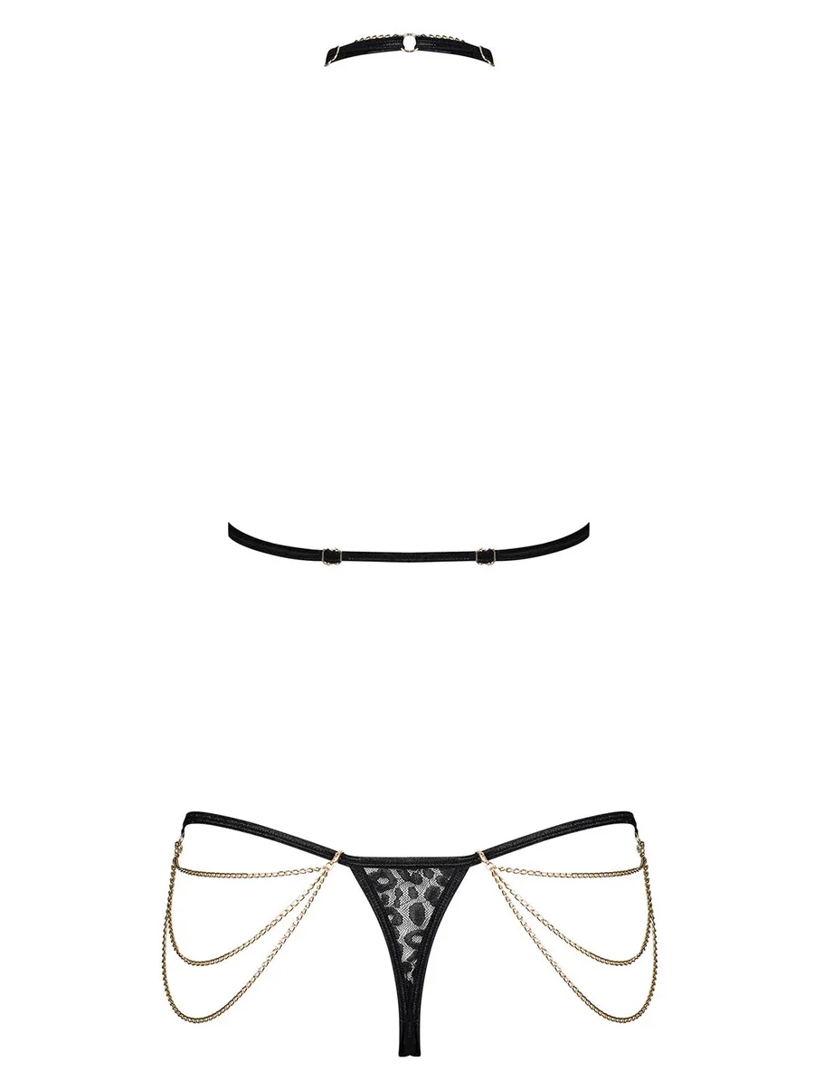 Комплект с цепочками Obsessive Pantheria 2-pcs set black L/XL, бюстгальтер, трусики