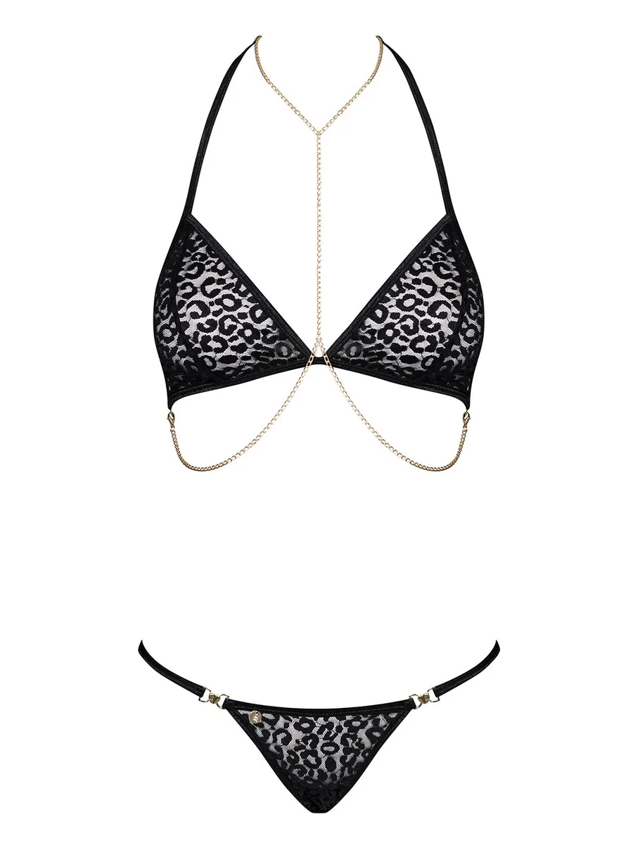 Комплект с цепочками Obsessive Pantheria 2-pcs set black L/XL, бюстгальтер, трусики