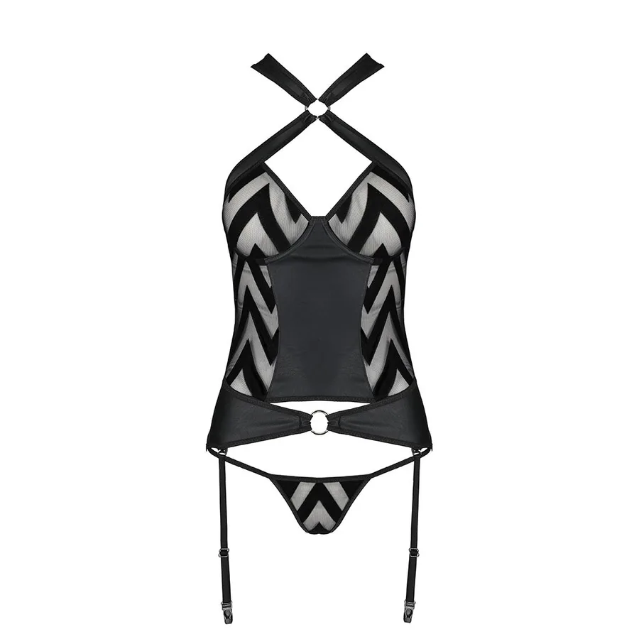 Сітчастий комплект із візерунком, корсет, підв'язки, трусики Passion HIMA CORSET XXL/XXXL black
