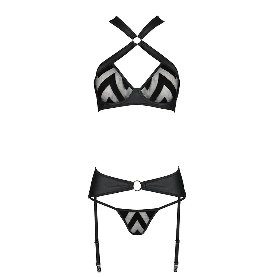 Сетчатый набор с узором, бюстгальтер, трусики, пояс для чулок Passion HIMA SET XXL/XXXL black