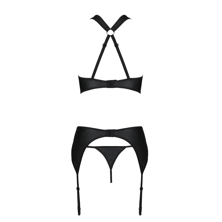 Сетчатый набор с узором, бюстгальтер, трусики, пояс для чулок Passion HIMA SET XXL/XXXL black