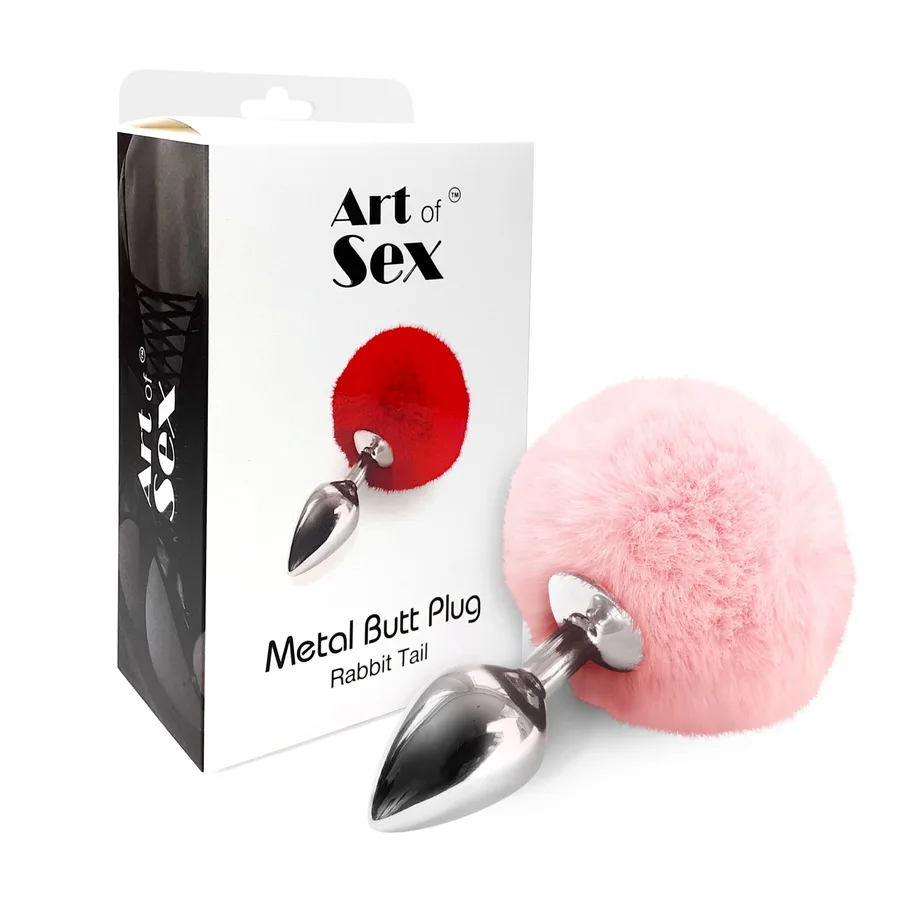 Металлическая анальная пробка М Art of Sex - Metal Butt plug Rabbit Tail Soft pink, диаметр 3,4 см