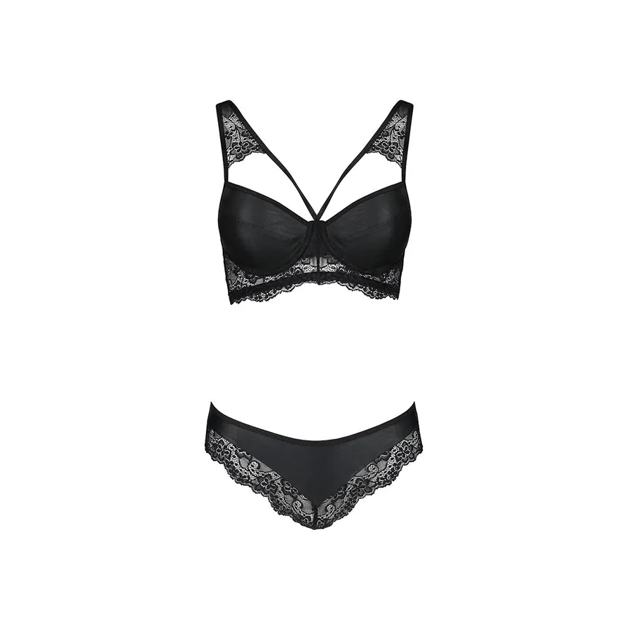Комплект з еко-шкіри та мережива Passion LOONA SET S/M, black, бра і трусики
