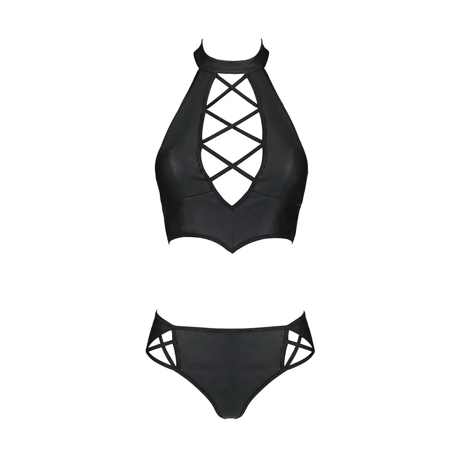 Комплект з еко-шкіри Passion NANCY BIKINI XXL/XXXL, black, бра та трусики з імітацією шнурівки