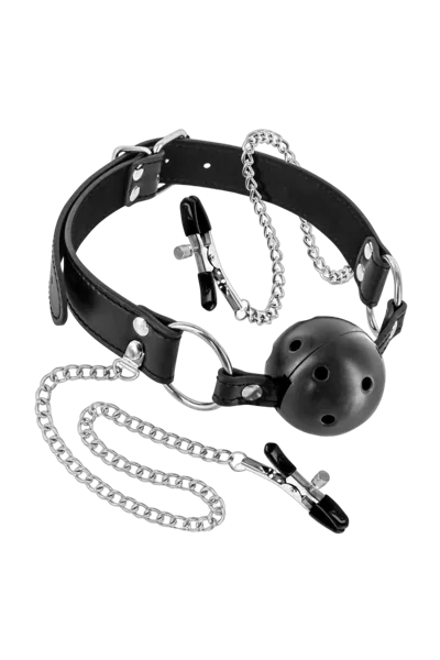 Повітропроникний кляп із затискачами для сосків Fetish Tentation Rigid Gag Ball with Nipple Clamps