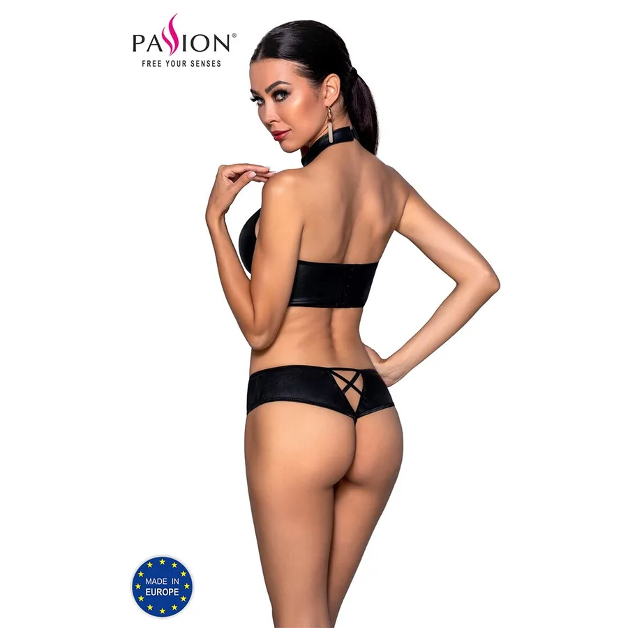 Комплект из эко-кожи Passion NANCY BIKINI L/XL, black, бра и трусики с имитацией шнуровки