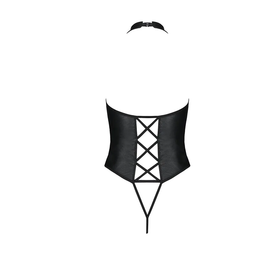 Боди из эко-кожи с имитацией шнуровки и открытым доступом Passion NANCY BODY S/M, black