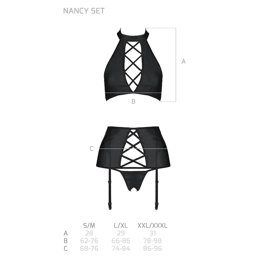 Комплект из эко-кожи с имитацией шнуровки Passion NANCY SET S/M black, топ, трусики, пояс для чулок