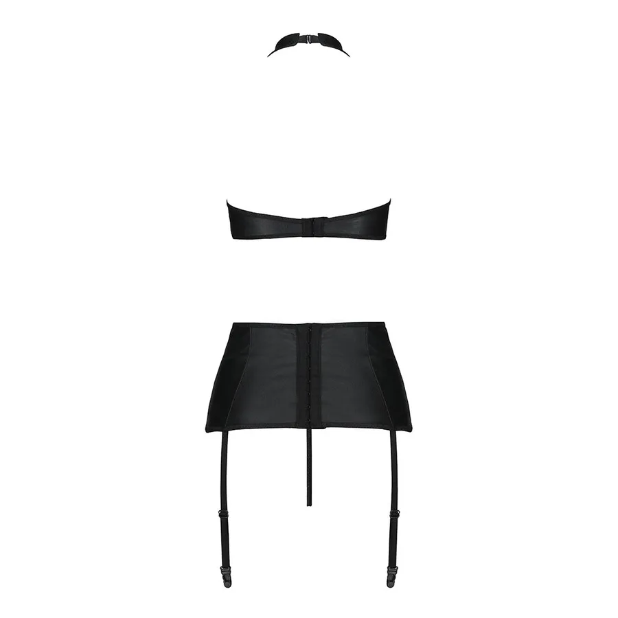 Комплект из эко-кожи с имитацией шнуровки Passion NANCY SET S/M black, топ, трусики, пояс для чулок