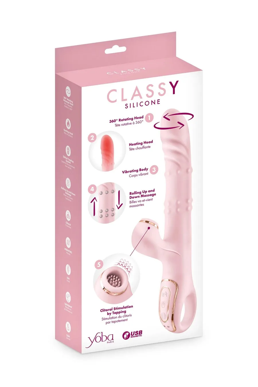 Вибратор-кролик 5в1 Yoba Classy, вибрация, ротация, пульсация, жемчужный массаж, нагрев