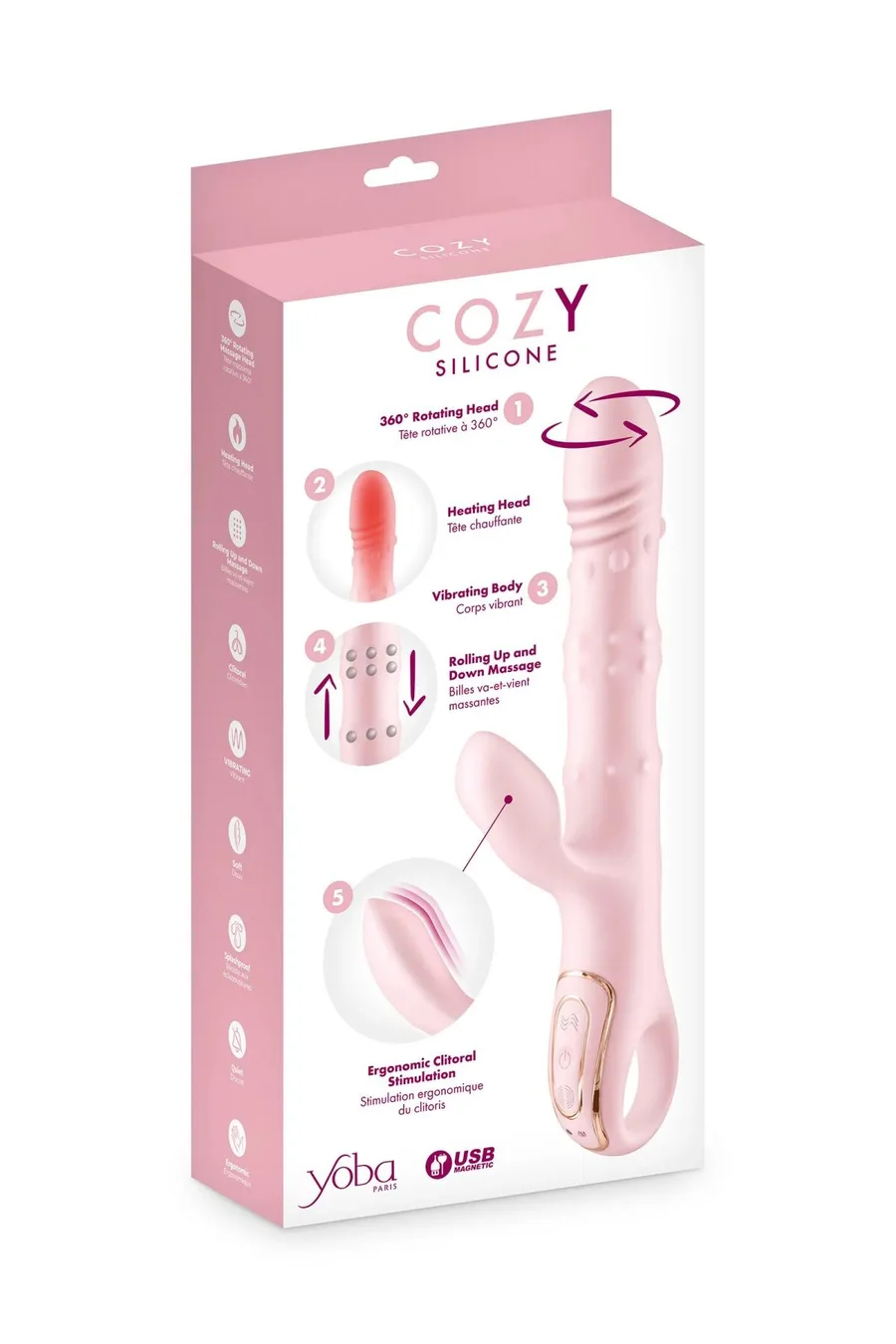 Вібратор-кролик 5в1 Yoba Cozy, вібрація, ротація, пульсація, перлинний масаж, нагрівання