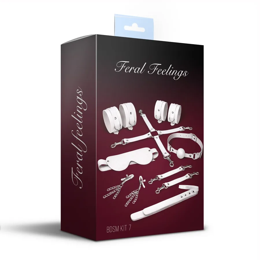 Набор Feral Feelings BDSM Kit 7 White, наручники, поножи, коннектор, маска, паддл, кляп, зажимы
