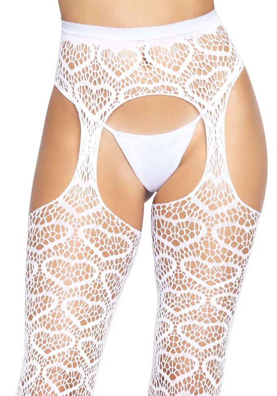 Ажурные колготки с сердечками Leg Avenue Heart White, one size, имитация чулок