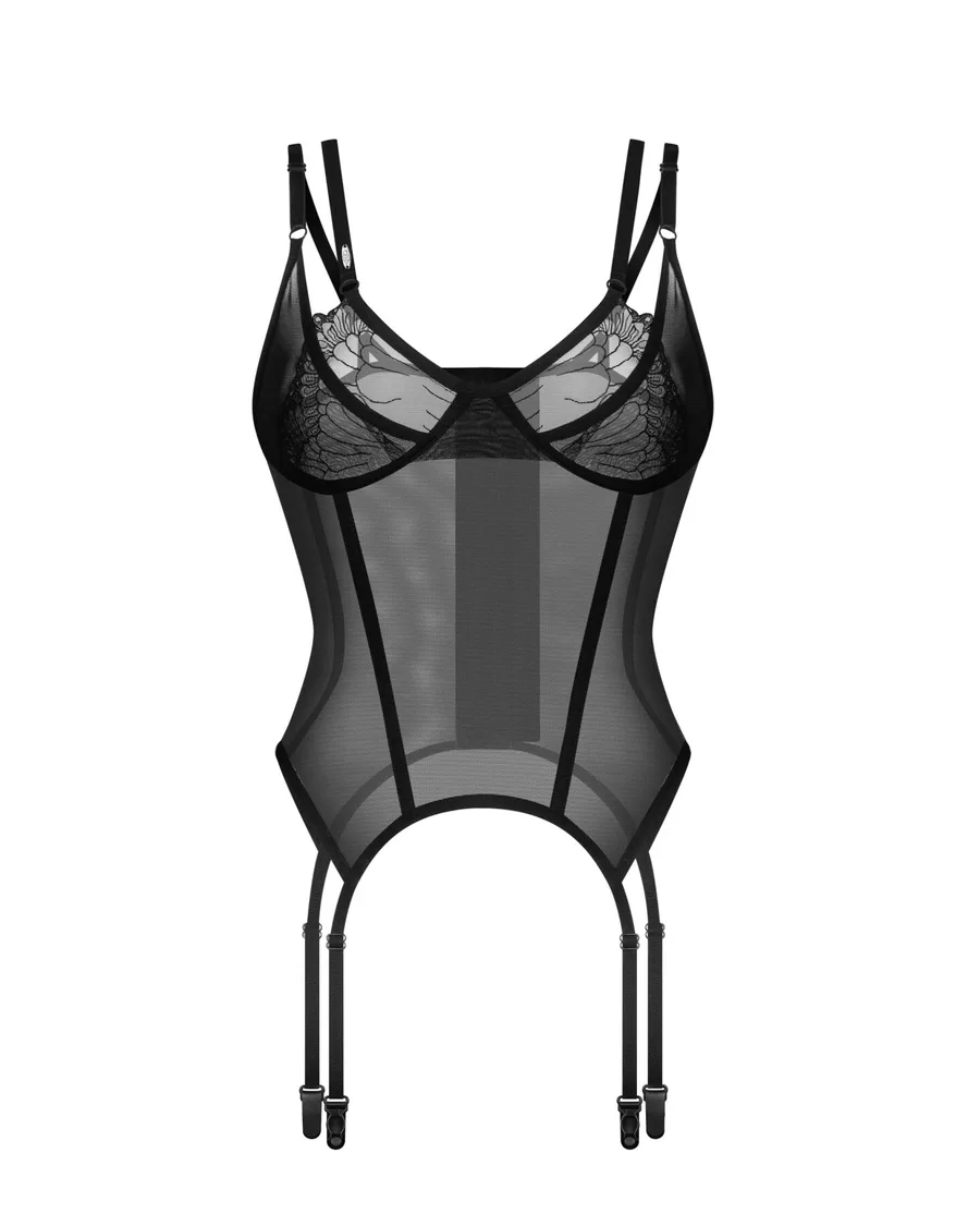 Корсет Obsessive Arrowel Black corset S/M, з підв’язками для панчіх