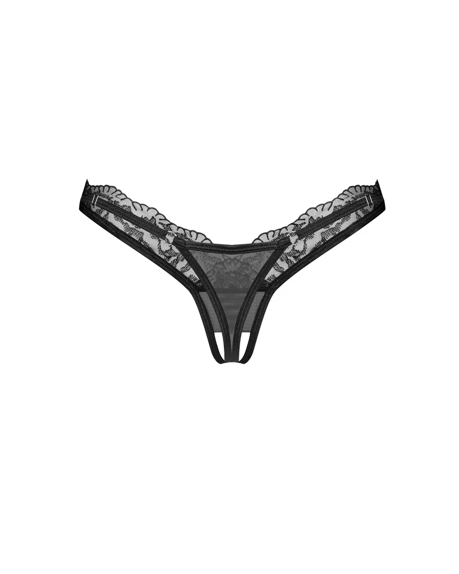 Трусики-стрінги з мереживом Obsessive Arrowel Black crotchless thong 2XL/3XL