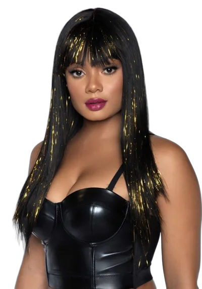 Черный парик с золотыми прядями Leg Avenue Long bang wig with tinsel, 60 см