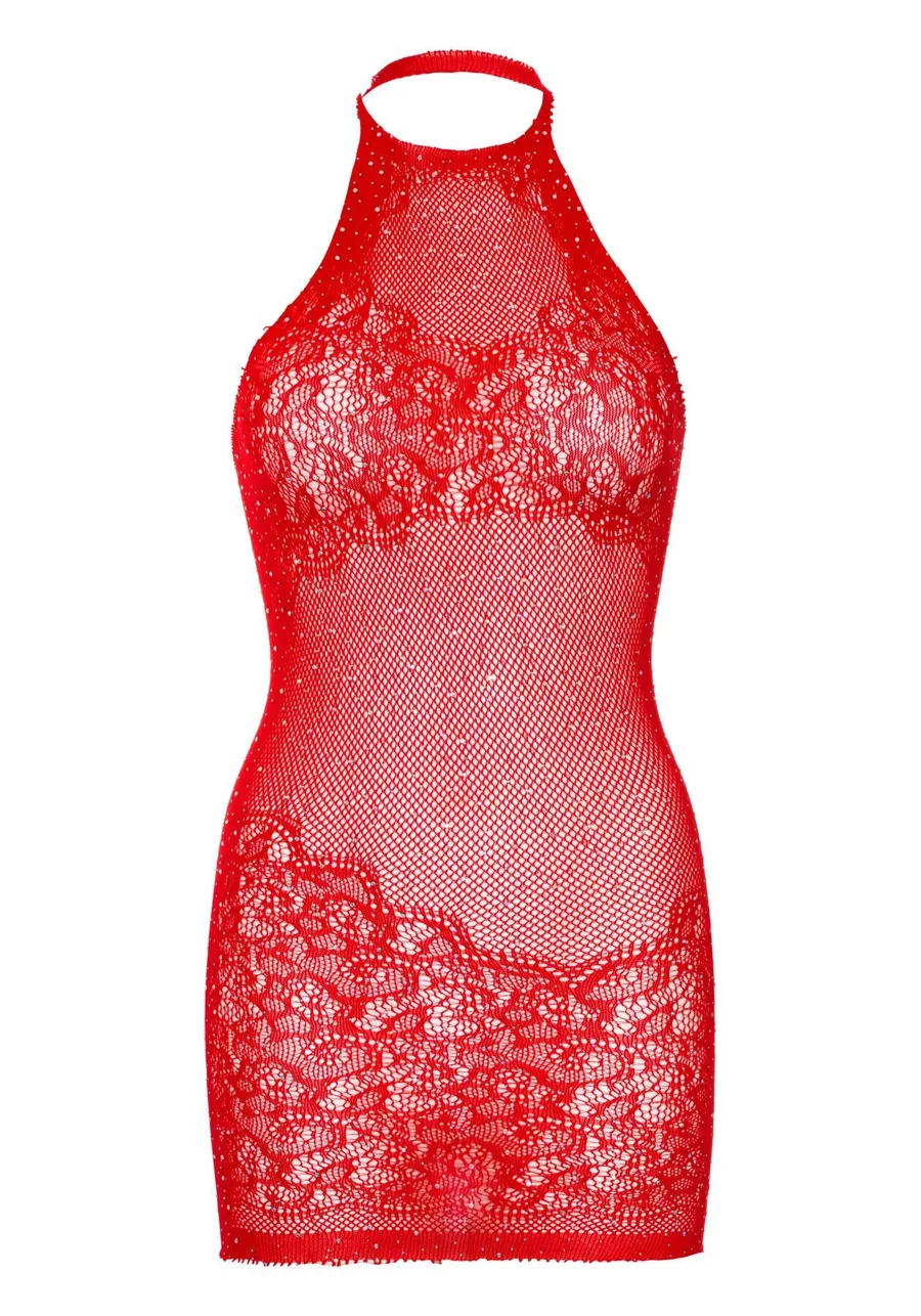 Платье-сетка со стразами Leg Avenue Rhinestone halter mini dress Red, открытая спина, one size