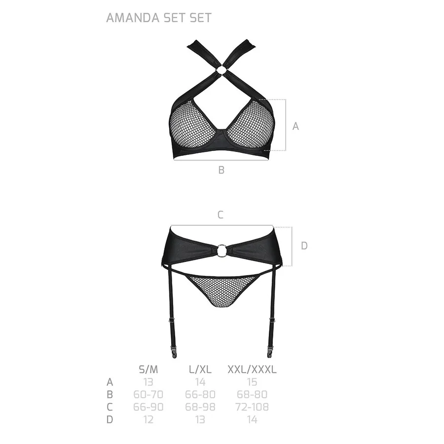 Сетчатый набор, бюстгальтер с халтером, трусики и пояс для чулок AMANDA SET S/M, black