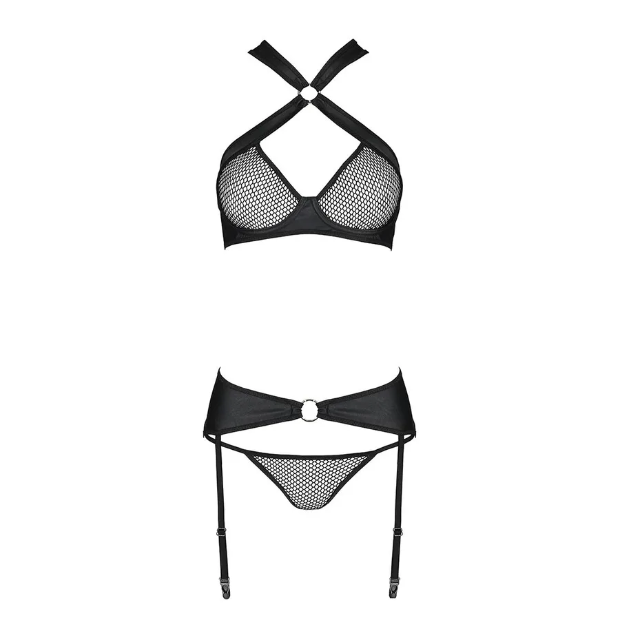 Сетчатый набор, бюстгальтер с халтером, трусики и пояс для чулок AMANDA SET XXL/XXXL, black