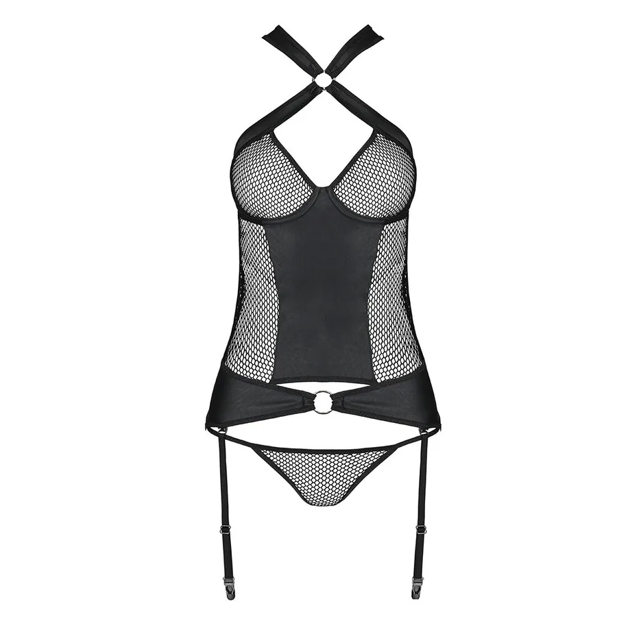 Сетчатый комплект корсет с халтером, съемные подвязки и трусики Passion AMANDA CORSET L/XL, black