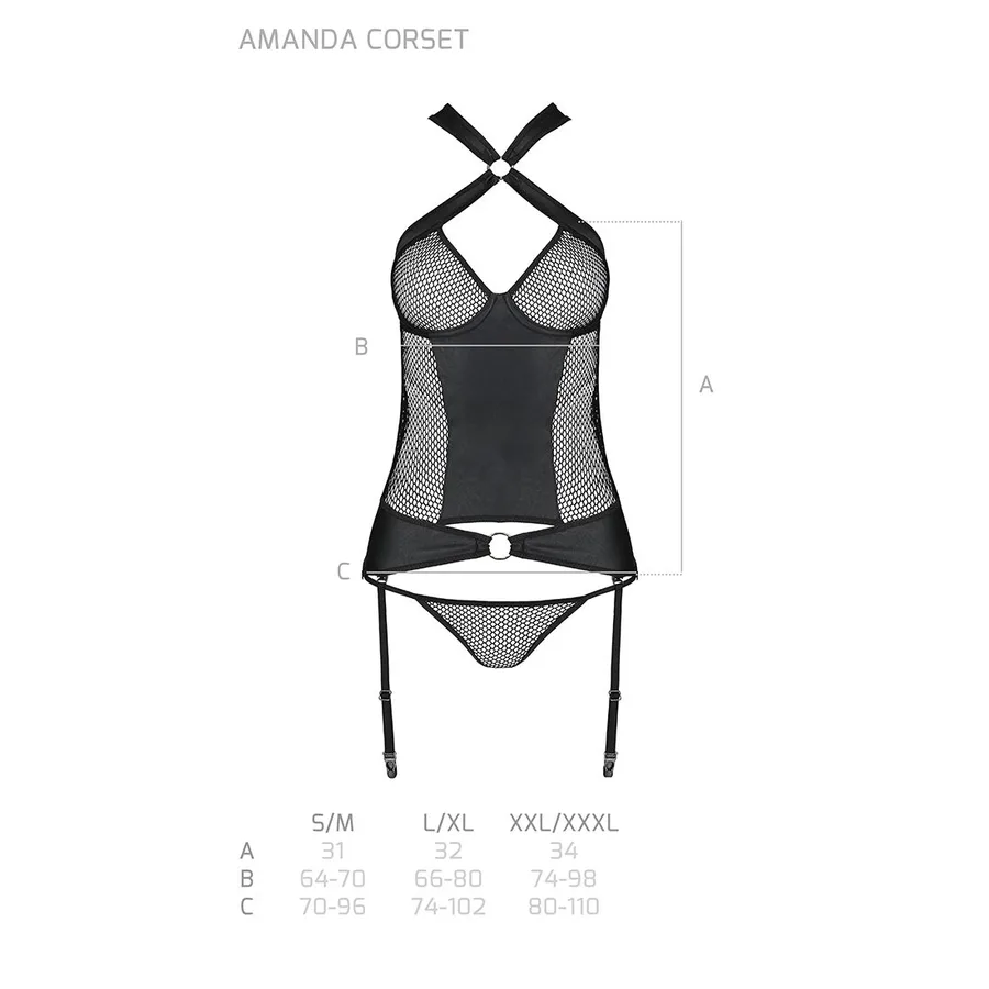 Сетчатый комплект корсет с халтером, съемные подвязки и трусики Passion AMANDA CORSET L/XL, black