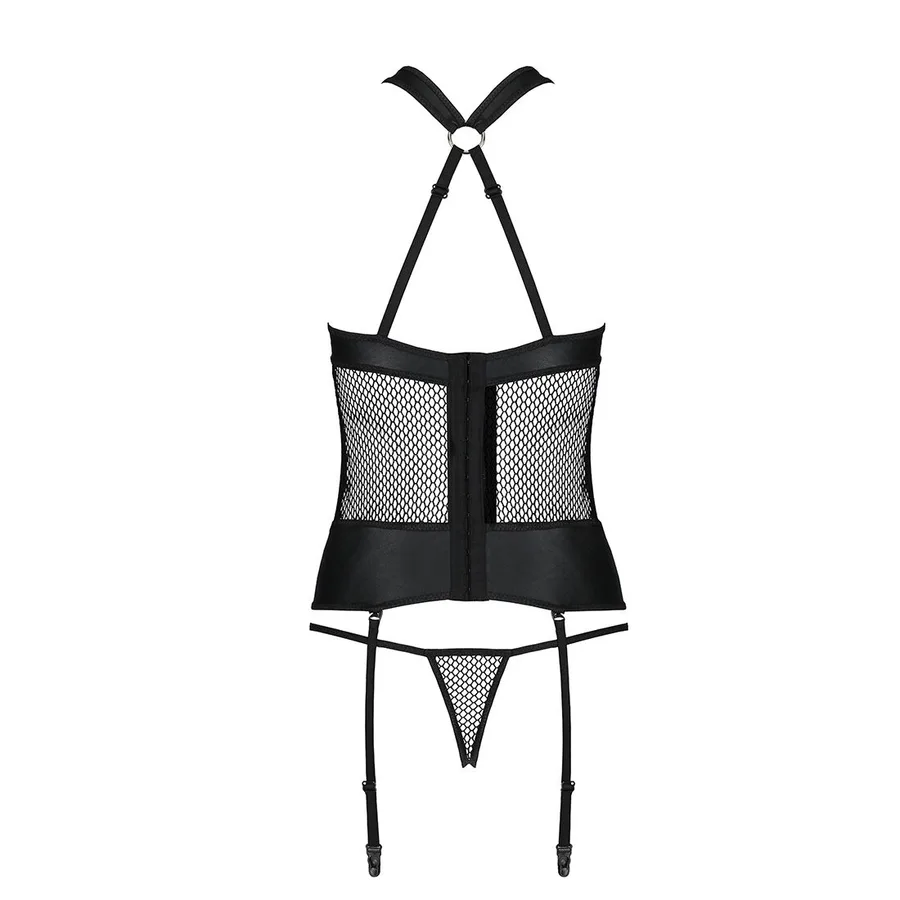Сетчатый комплект корсет с халтером, съемные подвязки и трусики Passion AMANDA CORSET L/XL, black