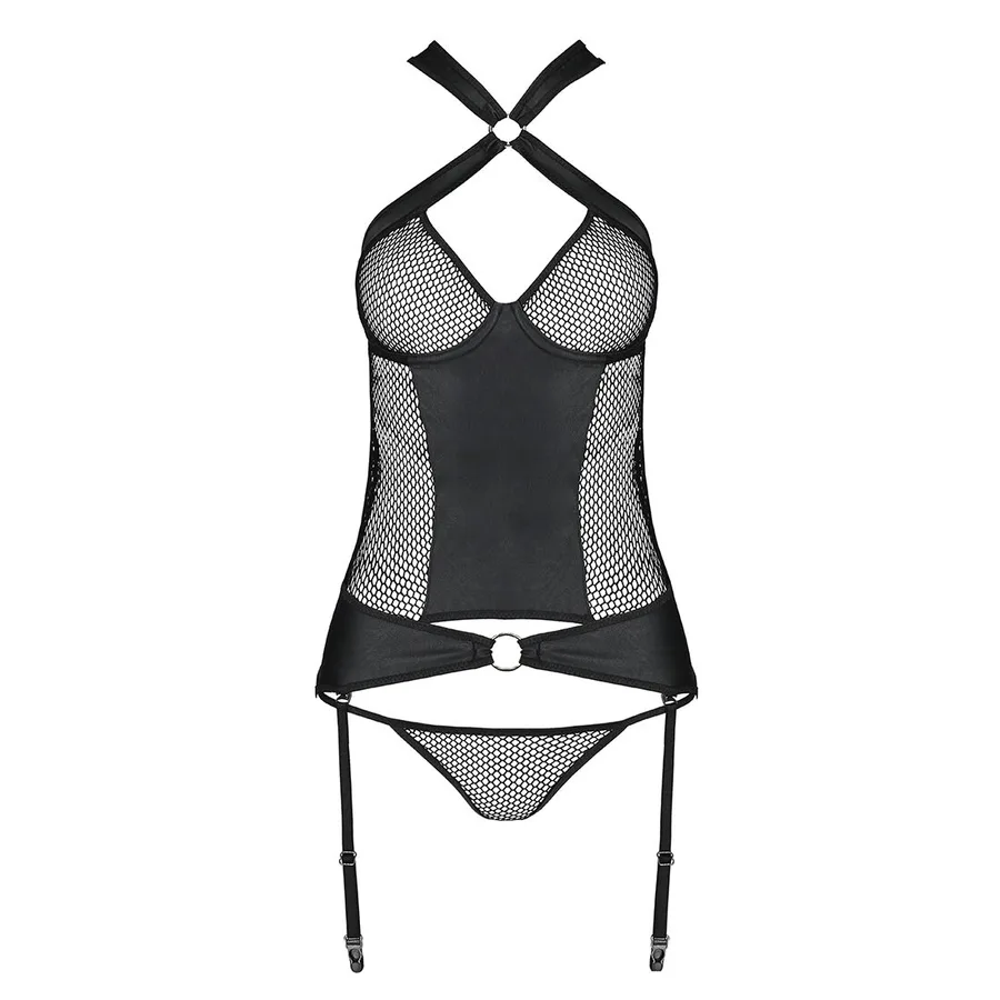 Сетчатый комплект корсет с халтером, съемные подвязки и трусики Passion AMANDA CORSET S/M, black
