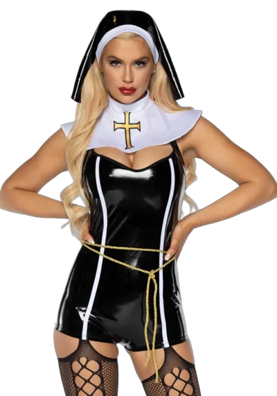 Вініловий костюм черниці Leg Avenue Sinful Sister S, комбінезон, комір, пояс, головний убір