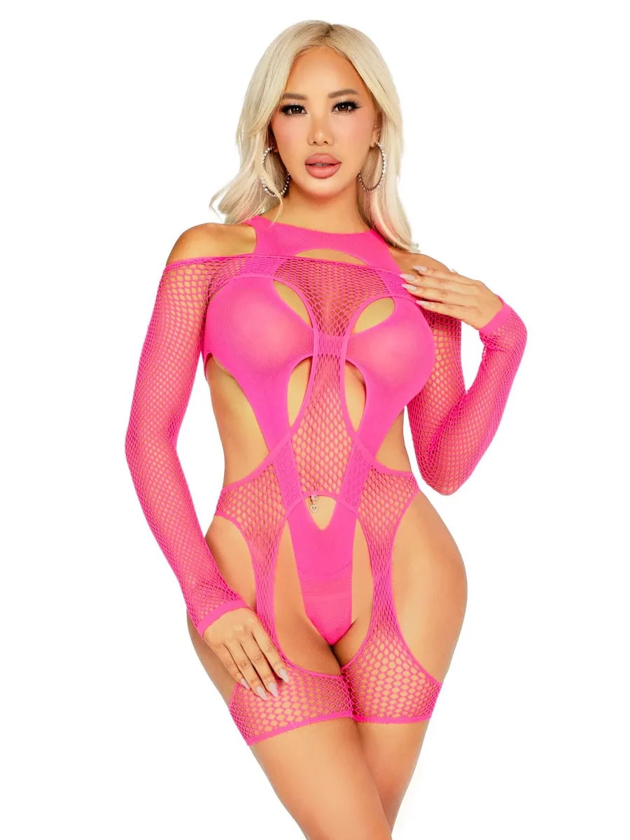 Бодистокинг Leg Avenue Fishnet Garter Harness and Teddy One Size Neon Pink