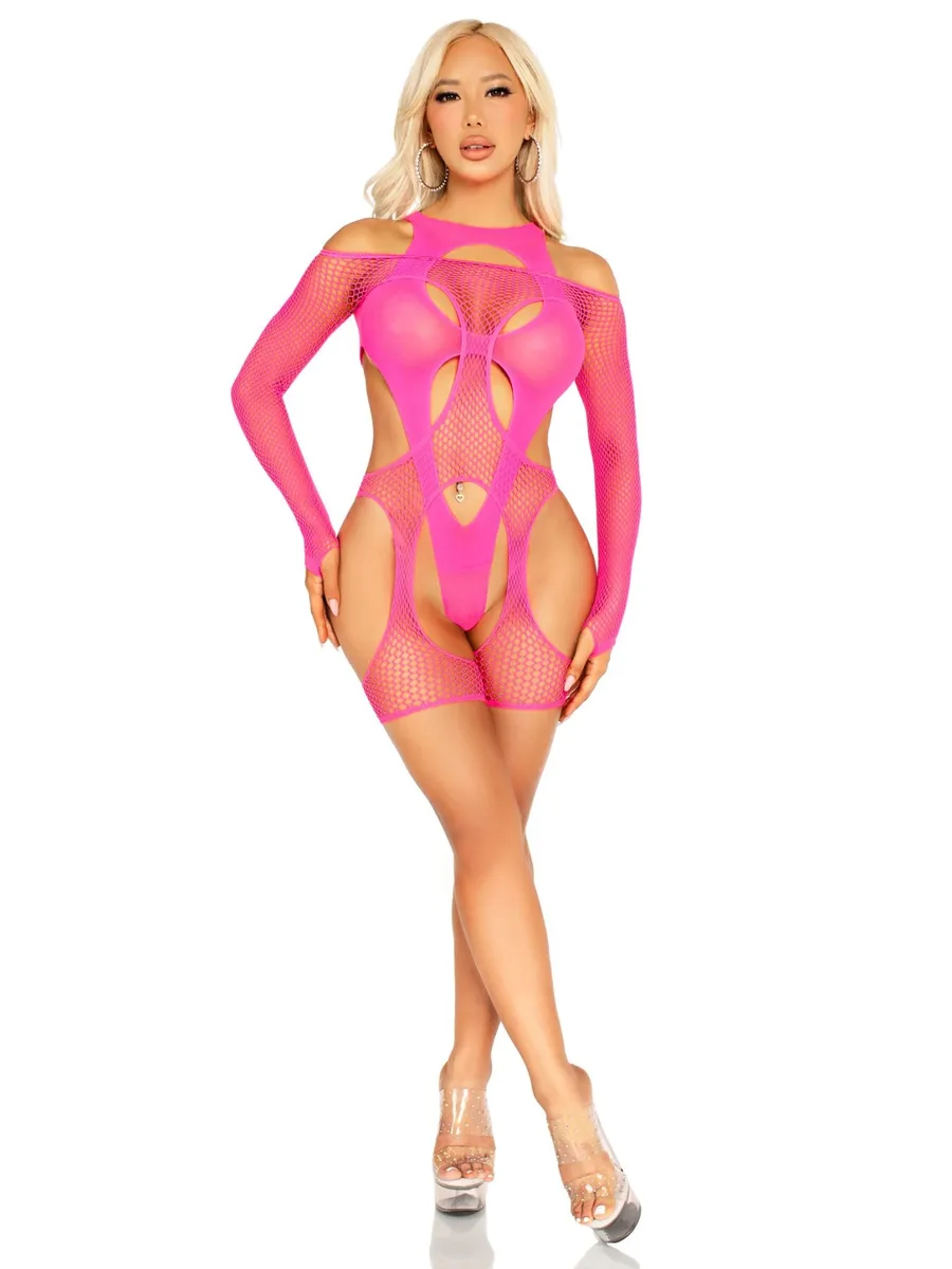 Бодистокинг Leg Avenue Fishnet Garter Harness and Teddy One Size Neon Pink