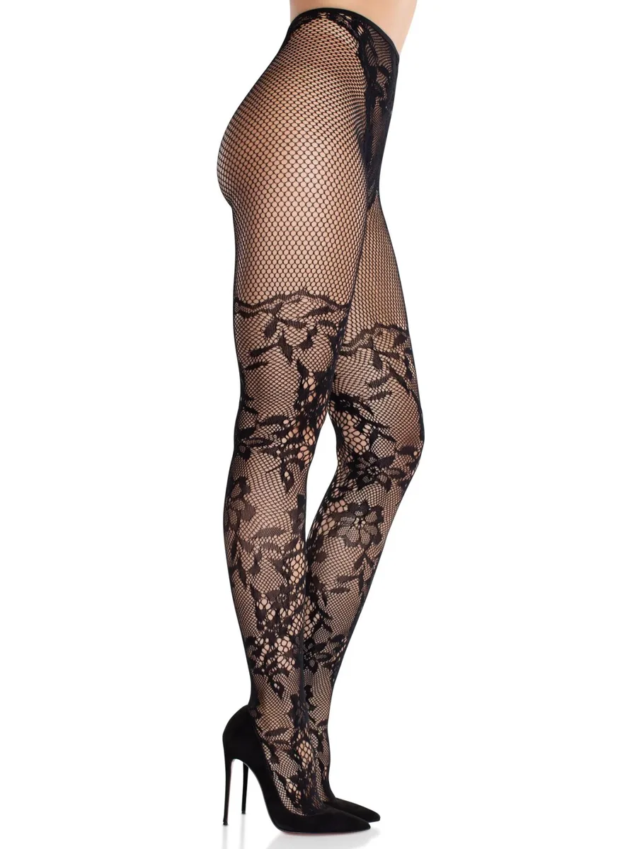 Колготки Leg Avenue Dahlia Lace Tights with Net Thigh Detail One Size