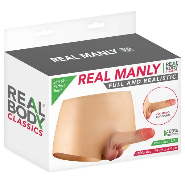 Силиконовые трусики с фаллоимитатором Real Body Real Manly, L/XL, цельная конструкция, для нее