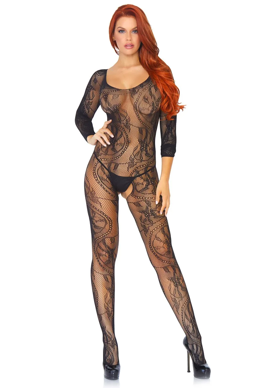 Бодистокинг Leg Avenue Swirl Lace Bodystocking One size Black, ажурная ткань, доступ