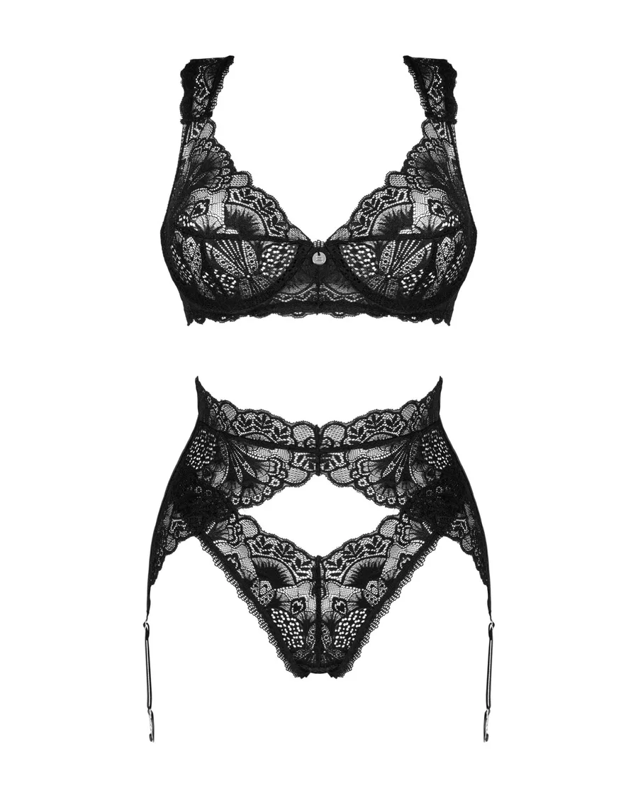 Комплект білизни Obsessive Donna Dream 3-pcs set XS/S Black, бюстгальтер, стрінги, пояс для панчіх